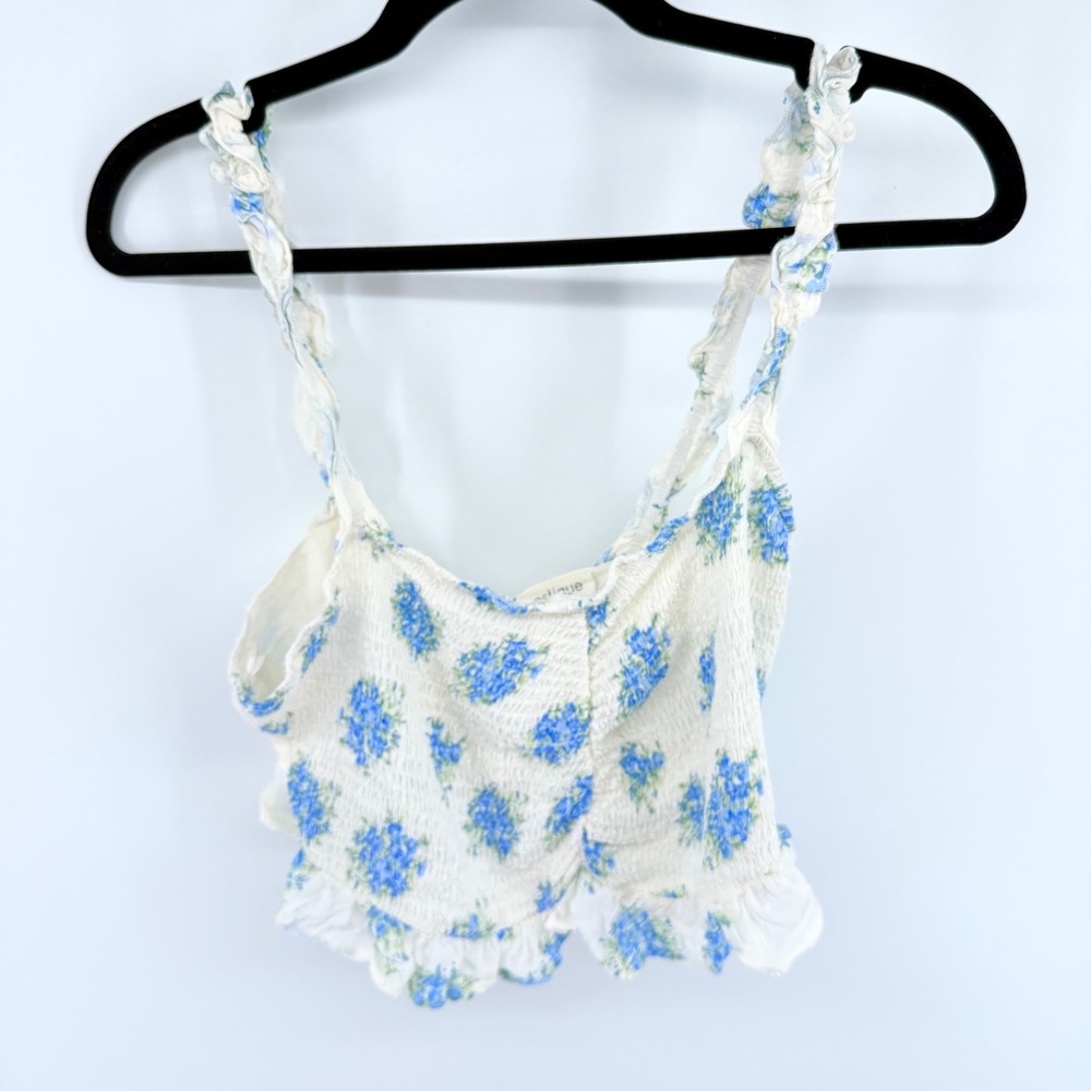 Vestique Blue Floral Swiss Dot Smocked Ruffle Crop Top L